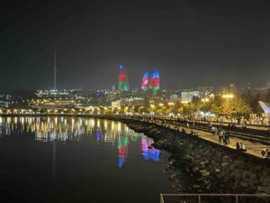 Baku Boulevard at night with Flame towers in the background