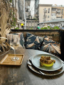 Local Azerbaijani dish Plov and a glass of wine in a restaurant in Baku Azerbaijan