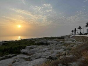 Sunset over a the rocky coastline of the Caspian Sea